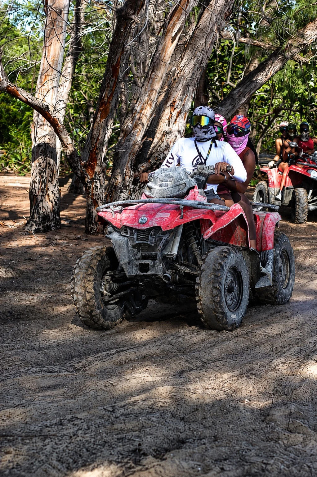 A helmeted rider on a red ATV beneath trees.